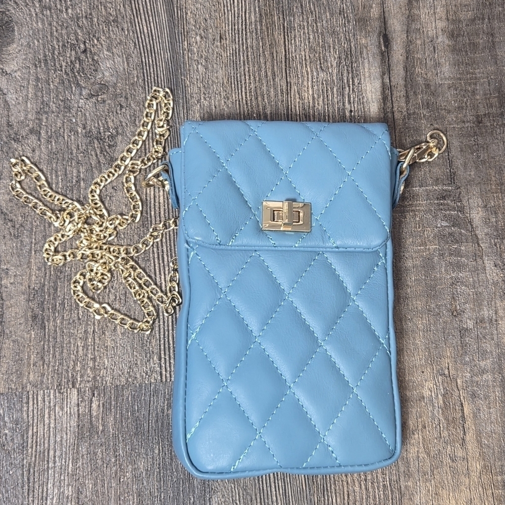 Quilted Blue Leather Crossbody Bag with Gold Chain